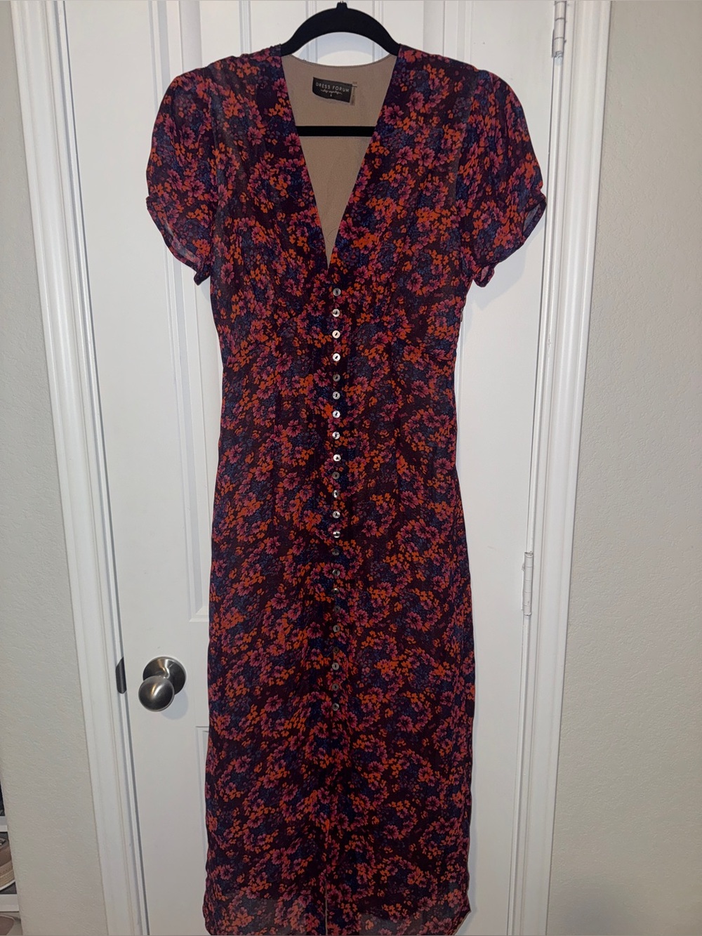 Dress Forum Floral Button-Front Midi Dress in Navy and Red